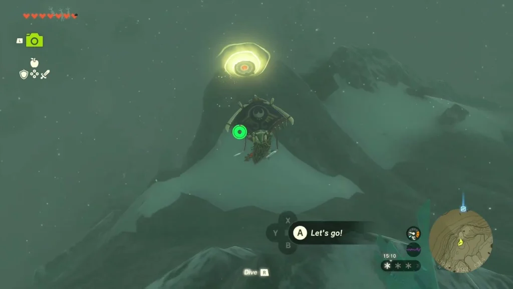 Peak with a glowing ring target above the snowfield, approached from a high ledge Peak with a glowing ring target above the snowfield, approached from a high ledge