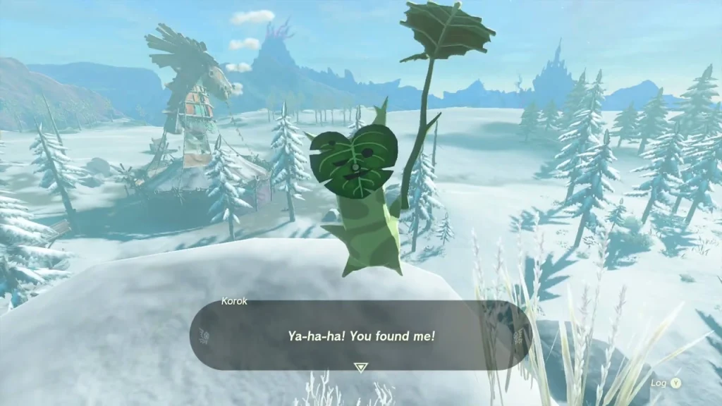 Korok holding a leaf on top of a snow mound with Snowfield Stable behind Korok holding a leaf on top of a snow mound with Snowfield Stable behind