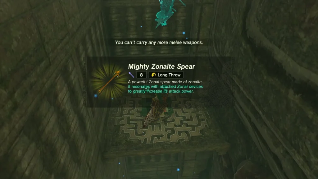 Mighty Zonaite Spear item box in a sky labyrinth chamber Mighty Zonaite Spear item box in a sky labyrinth chamber