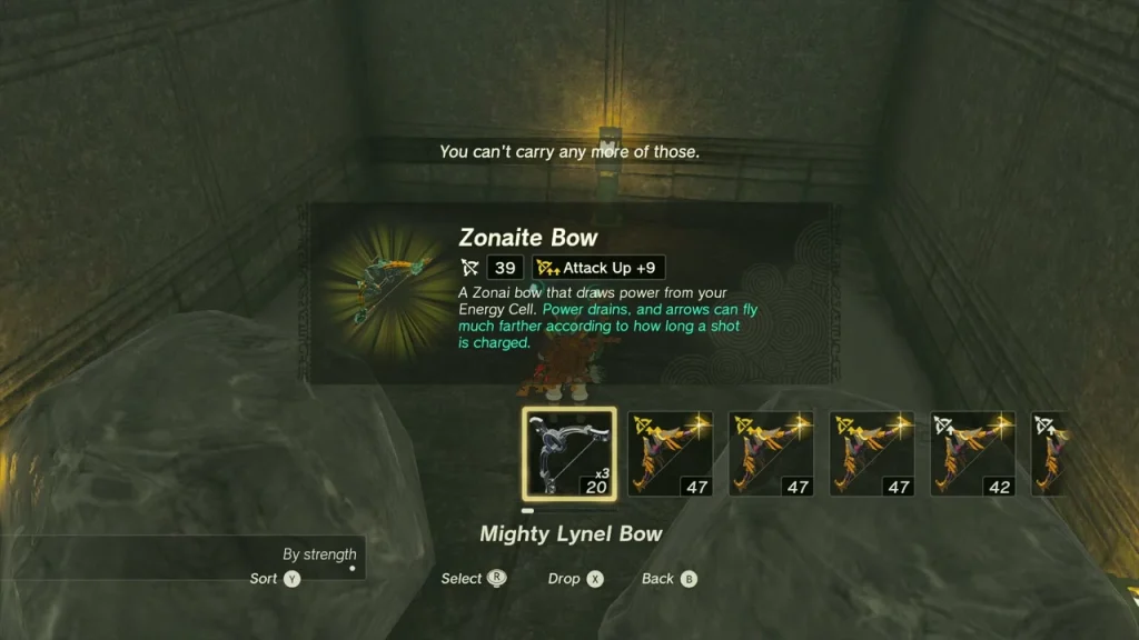 Zonaite Bow item box from a chest behind a rock pile in the maze Zonaite Bow item box from a chest behind a rock pile in the maze