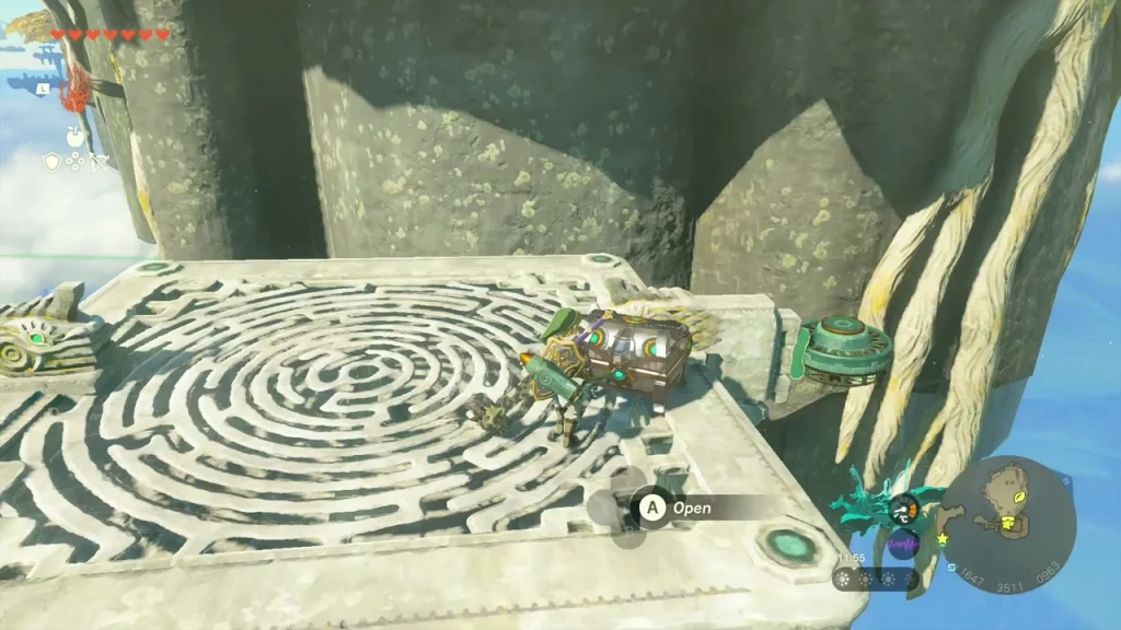 Treasure chest on a maze-patterned stone block high in the sky Treasure chest on a maze-patterned stone block high in the sky