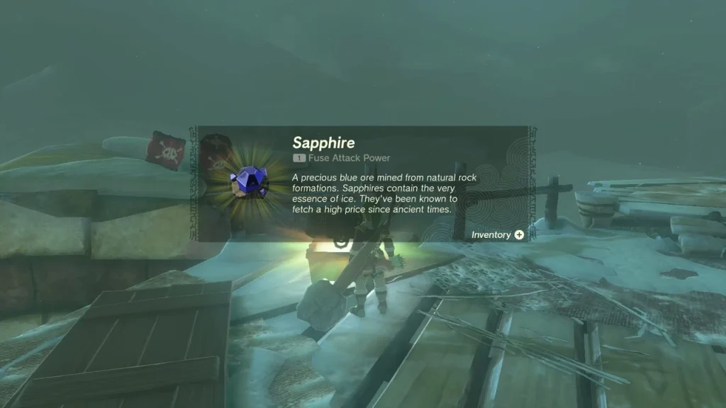 Sapphire item box over a chest on a wrecked wooden platform in the snow Sapphire item box over a chest on a wrecked wooden platform in the snow