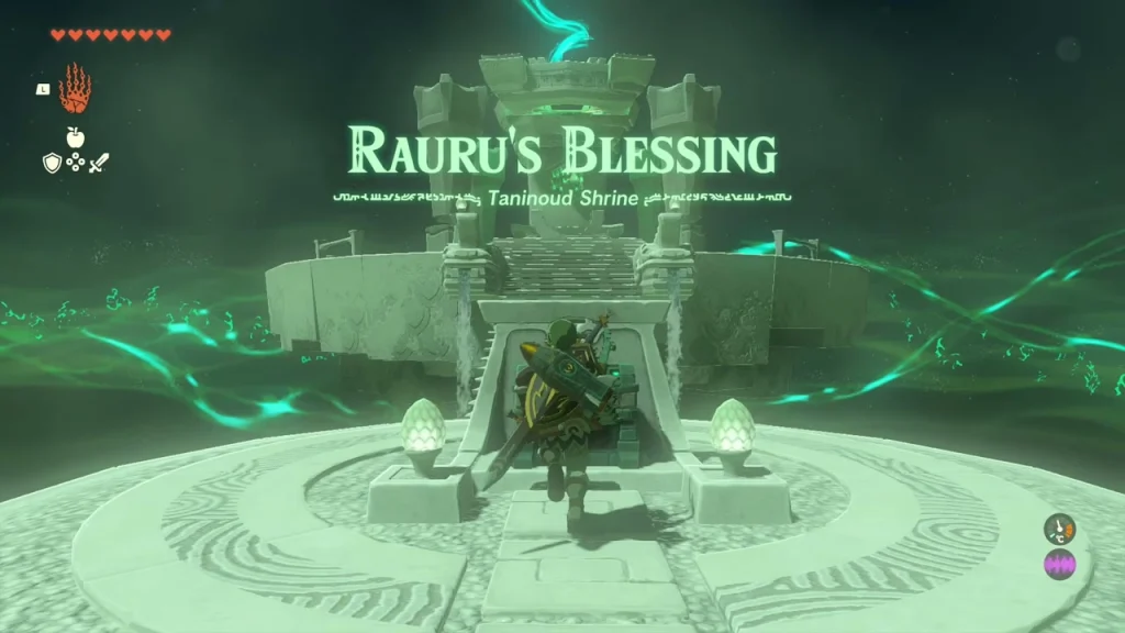 Taninoud Shrine altar glowing with Rauru's Blessing inside the shrine Taninoud Shrine altar glowing with Rauru's Blessing inside the shrine