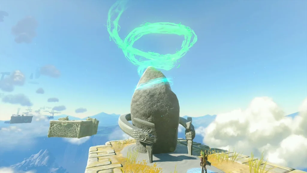 Taninoud Shrine entrance opening in green light on a sky island Taninoud Shrine entrance opening in green light on a sky island