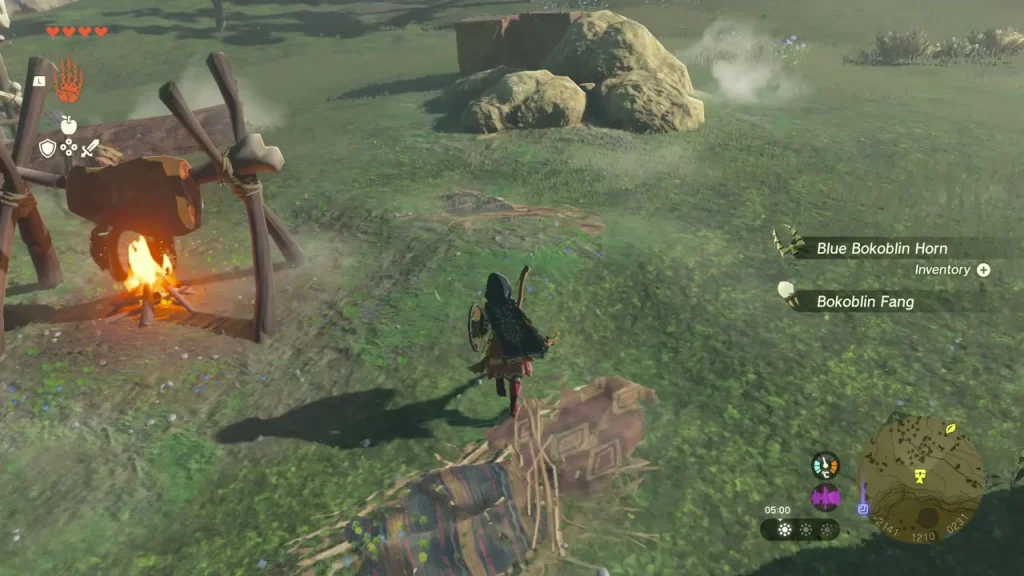 Bokoblin camp with a roasting spit over a campfire and a wooden watchtower in the grass Bokoblin camp with a roasting spit over a campfire and a wooden watchtower in the grass