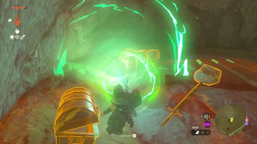 Chest glowing orange inside a rocky hollow with a hammer beside it Chest glowing orange inside a rocky hollow with a hammer beside it