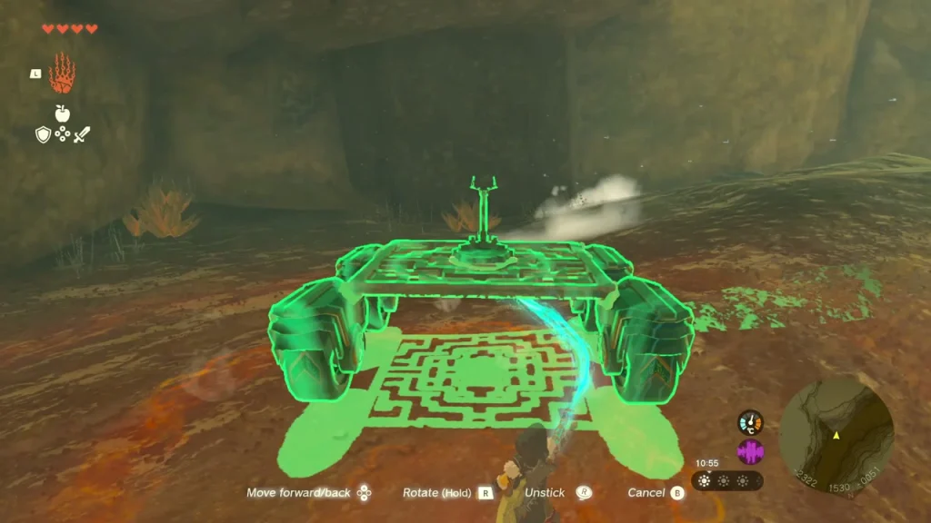 Finished steerable cart ghost outline: flat board on four Zonai wheels with a Control Stick Finished steerable cart ghost outline: flat board on four Zonai wheels with a Control Stick