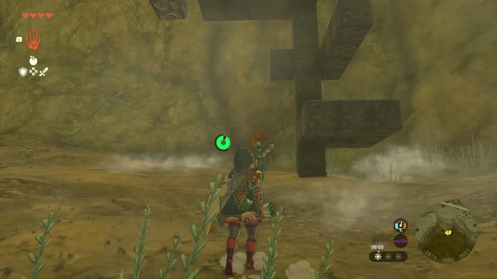 Dark Zonai stone pillars forming an F shape with a loose cube beside them in a rocky pocket Dark Zonai stone pillars forming an F shape with a loose cube beside them in a rocky pocket