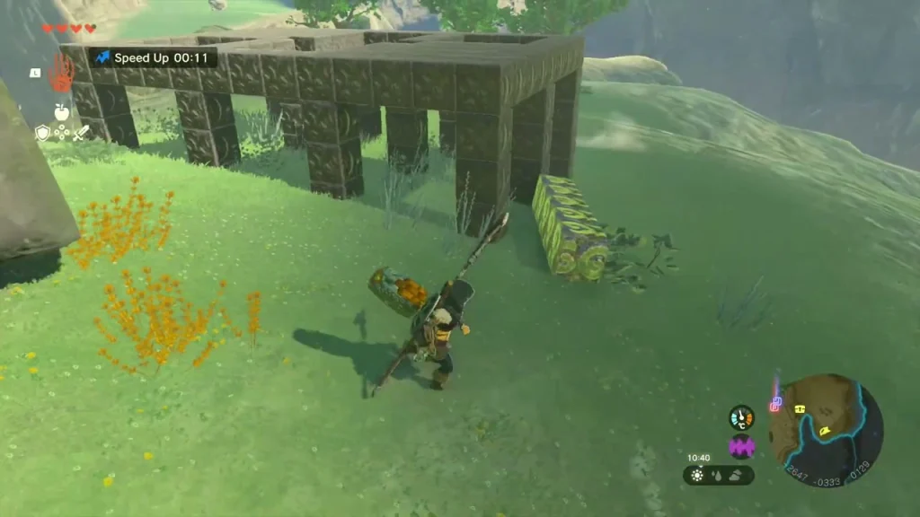 Table-shaped frame of dark Zonai blocks standing on the grass Table-shaped frame of dark Zonai blocks standing on the grass