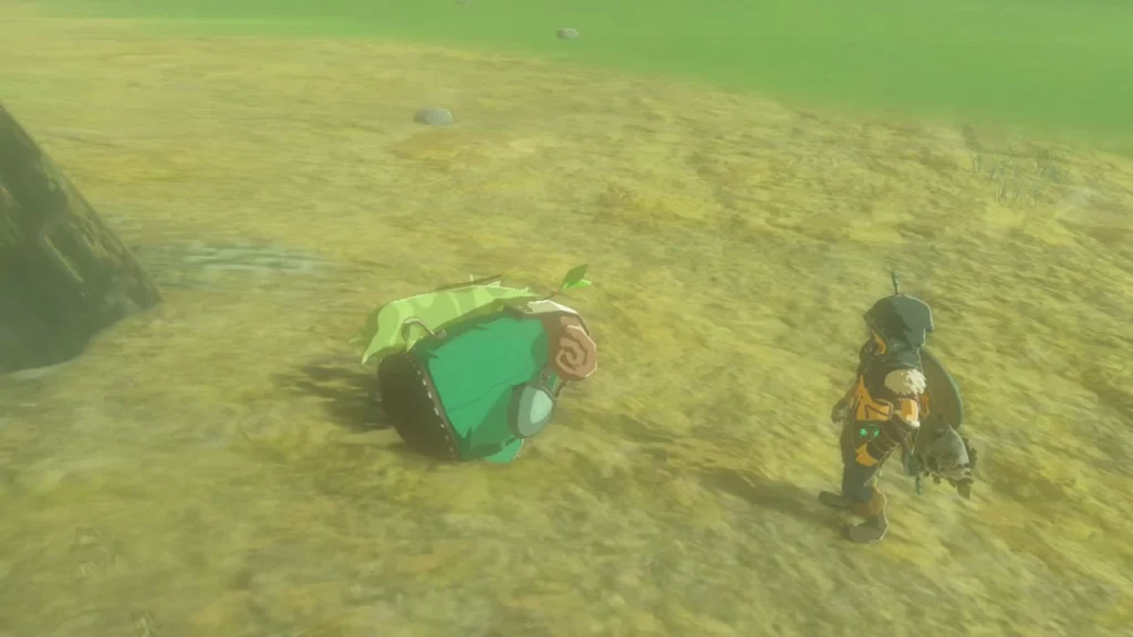 Exhausted Korok resting in its green carrying pack on the yellow grass Exhausted Korok resting in its green carrying pack on the yellow grass