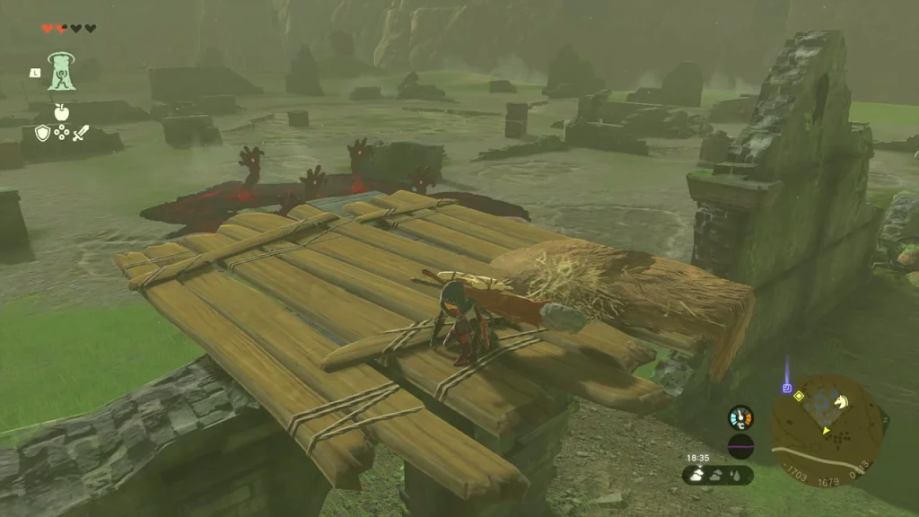 Wooden plank raft laid over a red gloom pool among broken ruin walls Wooden plank raft laid over a red gloom pool among broken ruin walls