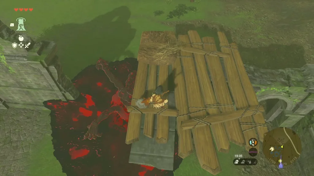 Plank raft seen from above spanning a pool of red gloom beside a ruined wall Plank raft seen from above spanning a pool of red gloom beside a ruined wall