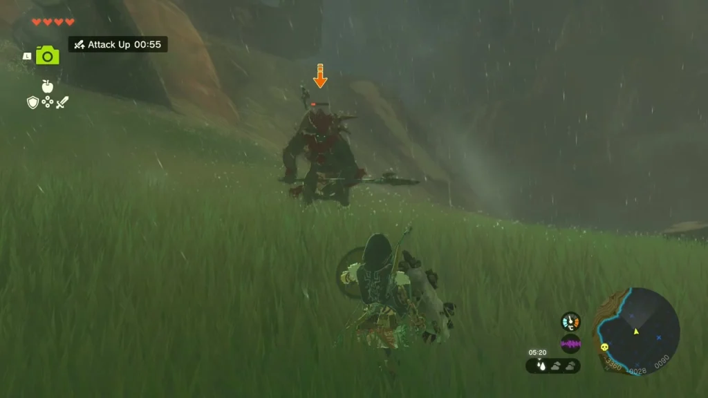 Red-Maned Lynel standing among tall wet grass in the rain with an enemy marker above it Red-Maned Lynel standing among tall wet grass in the rain with an enemy marker above it