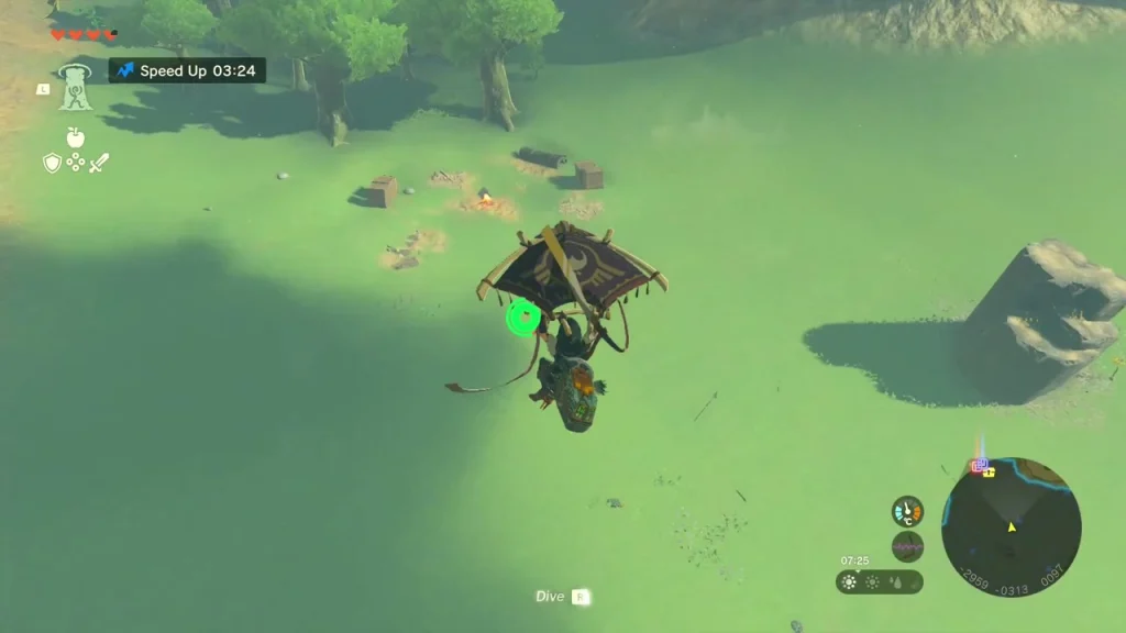 Crates and a campfire on the grass seen from above while gliding Crates and a campfire on the grass seen from above while gliding