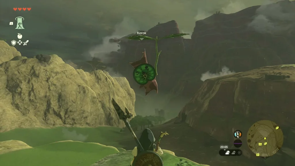 Korok with a leaf propeller hovering in front of the canyon walls Korok with a leaf propeller hovering in front of the canyon walls