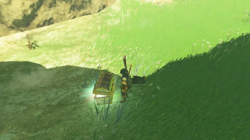 Glowing chest half-hidden in tall grass on a hillside Glowing chest half-hidden in tall grass on a hillside