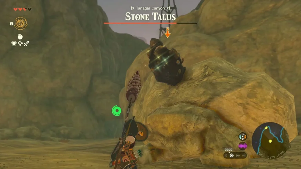 Stone Talus with glowing ore on its back, a spear being thrust at it Stone Talus with glowing ore on its back, a spear being thrust at it