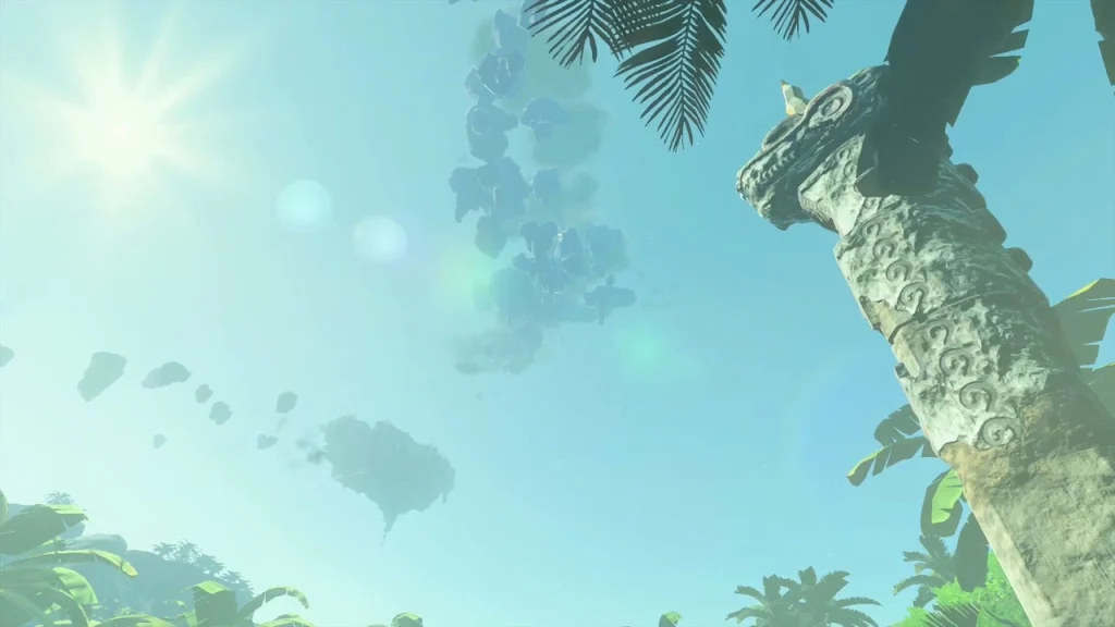 Carved stone pillar rising toward newly appeared sky islands Carved stone pillar rising toward newly appeared sky islands