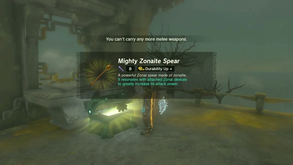 Mighty Zonaite Spear item box above an opened chest on a stone ledge Mighty Zonaite Spear item box above an opened chest on a stone ledge