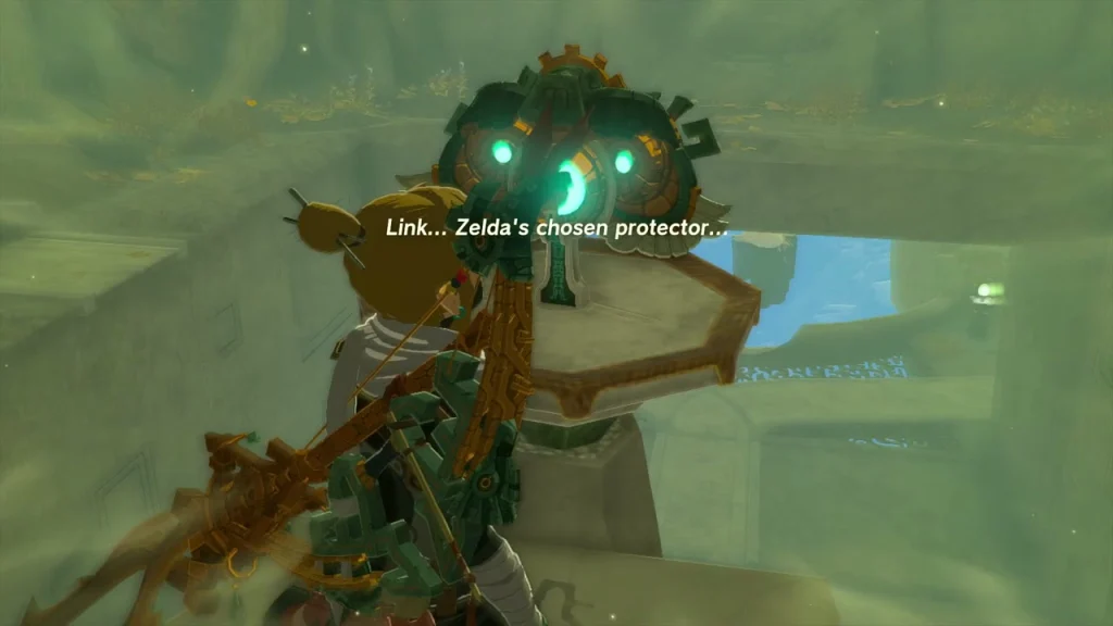 Zonai relic with glowing eyes held above a stone pedestal in the island chamber Zonai relic with glowing eyes held above a stone pedestal in the island chamber