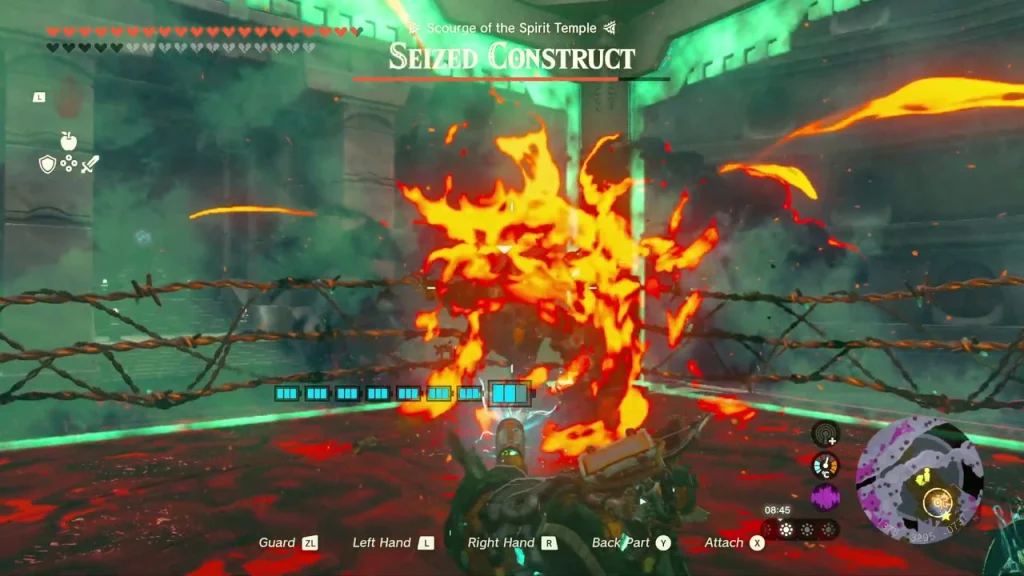 Flame burst against the Seized Construct in a barbed-wire arena Flame burst against the Seized Construct in a barbed-wire arena
