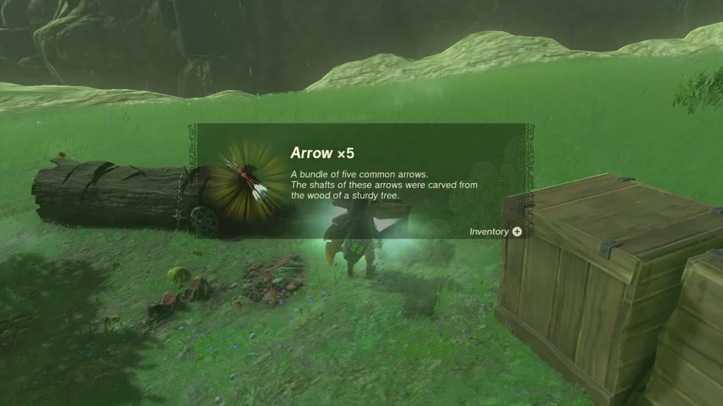 Chest beside a log and crates yielding Arrow x5