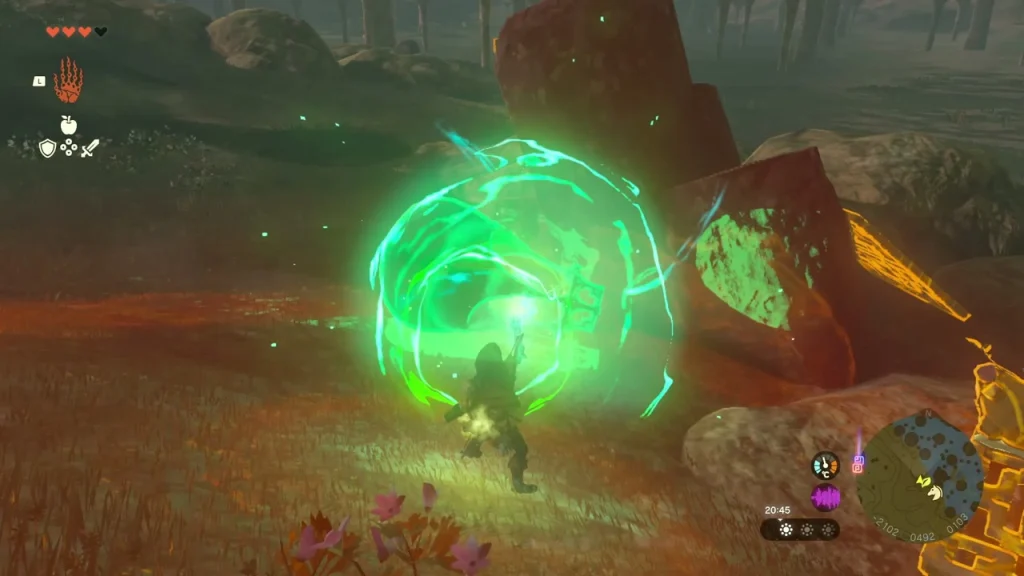 Lattice panel with a balloon attached beside a stranded Korok
