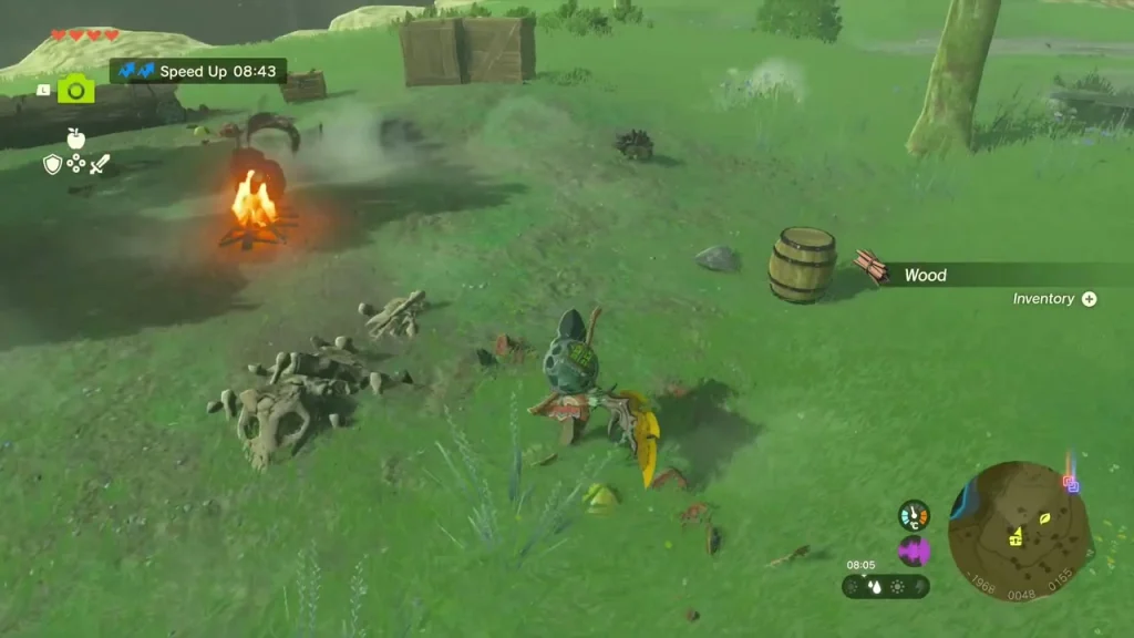 Small Bokoblin camp with a campfire, barrel and bone pile in the grass