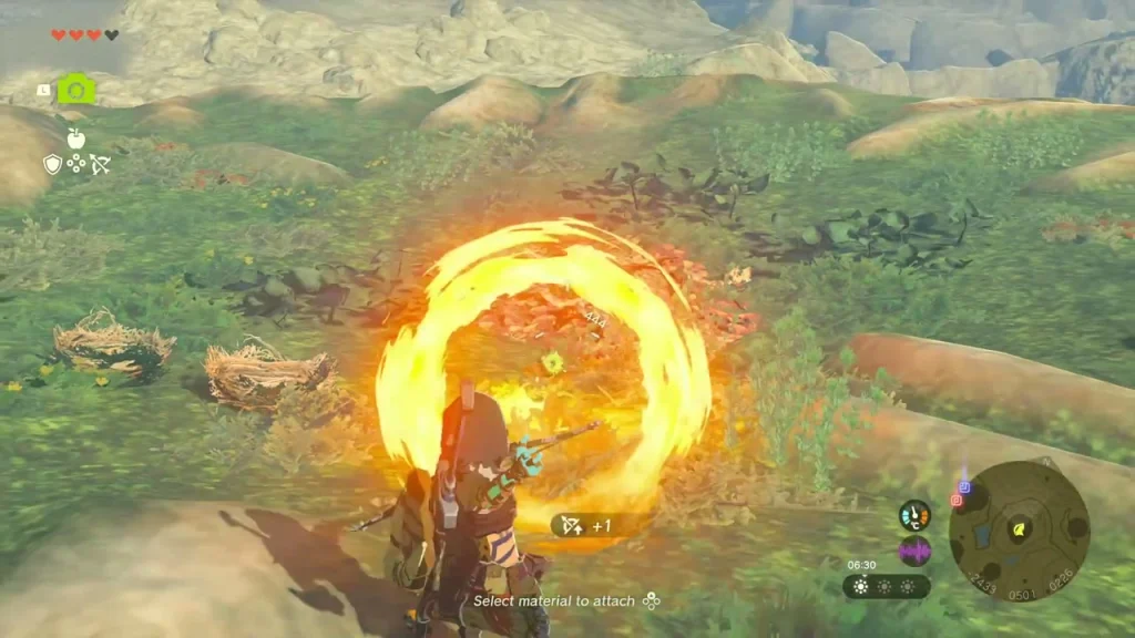 Fire arrow igniting a pile of dry leaves in the grass
