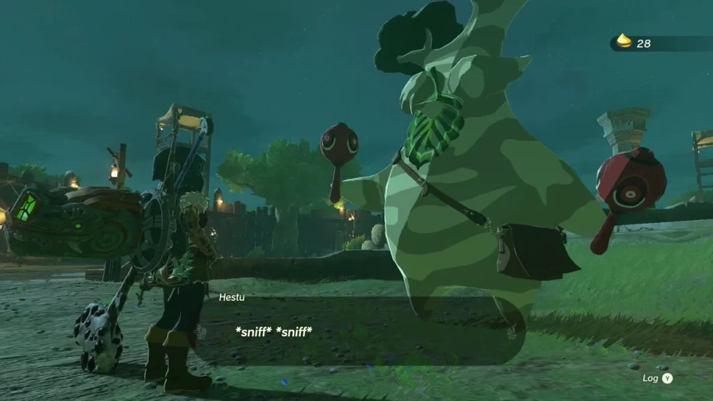 Giant Korok Hestu standing among the night-lit ruins of Lookout Landing