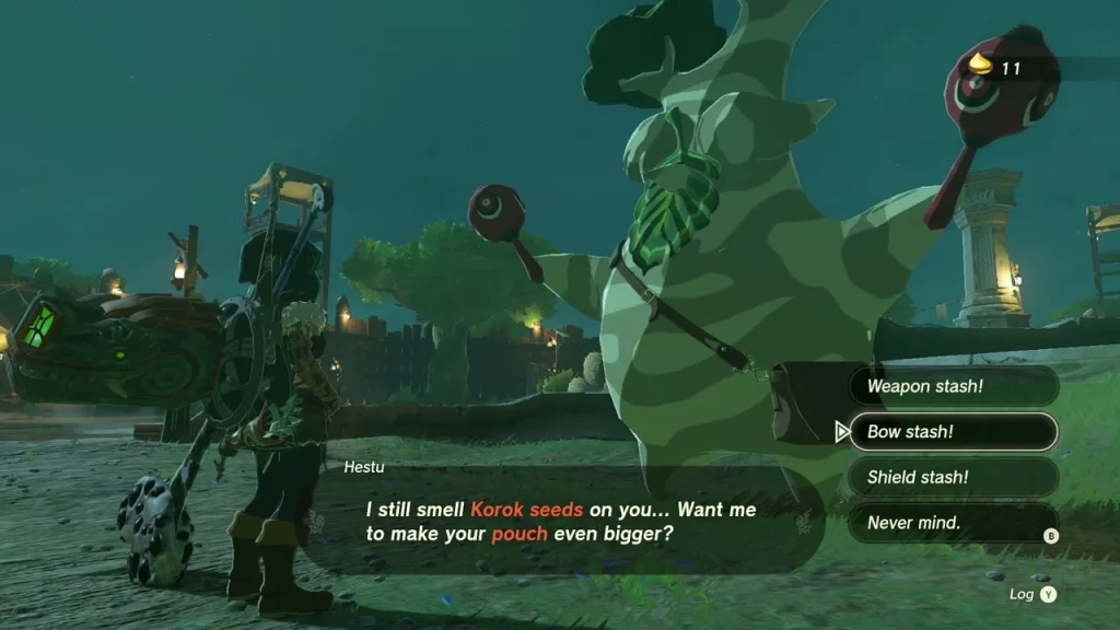 Hestu offering a choice of Weapon, Bow or Shield stash upgrade