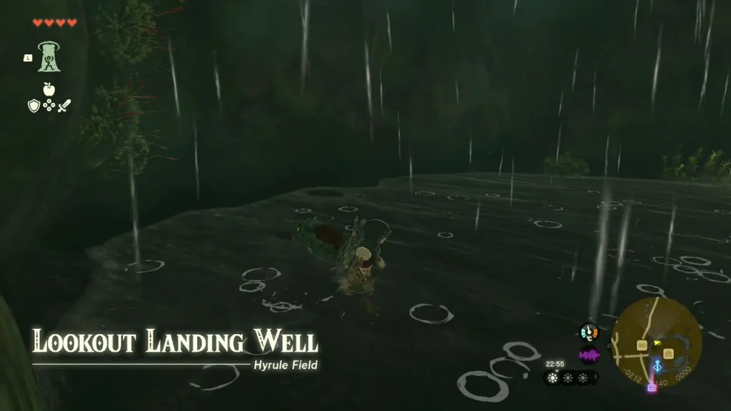 Entrance of the Lookout Landing Well in the rain on Hyrule Field
