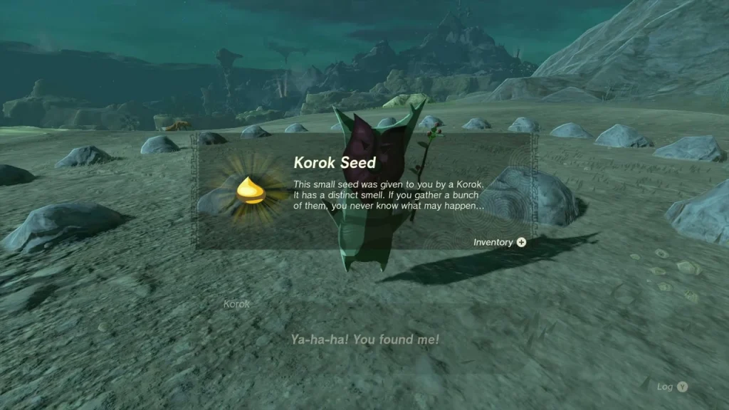 Korok after the rock pattern holding a Korok Seed