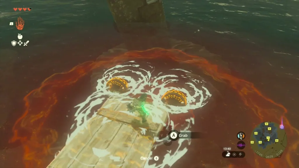 Wheeled raft being steered by Ultrahand on the red-lit lake