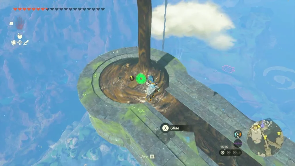 Hollow tree stump on a stone platform where a Korok seed hides Hollow tree stump on a stone platform where a Korok seed hides