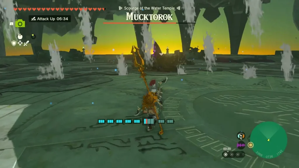 Sludge geysers rising across the boss arena at sunset Sludge geysers rising across the boss arena at sunset