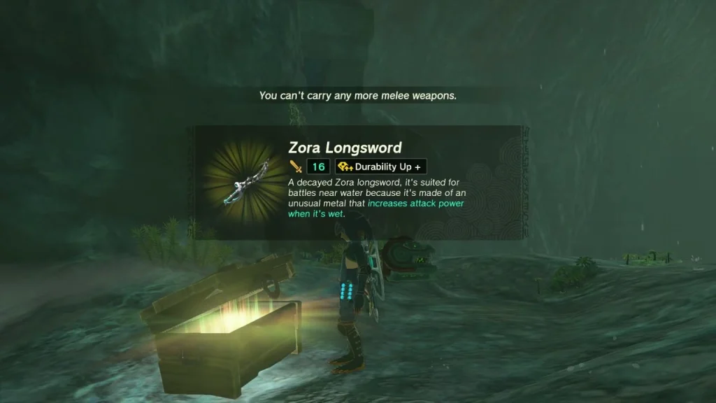 Zora Longsword item box above a chest on a rock ledge Zora Longsword item box above a chest on a rock ledge