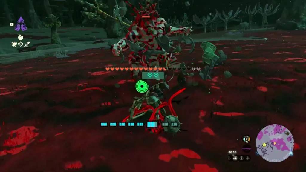 Armored Silver-Maned Lynel rearing among gloom-red ground Armored Silver-Maned Lynel rearing among gloom-red ground