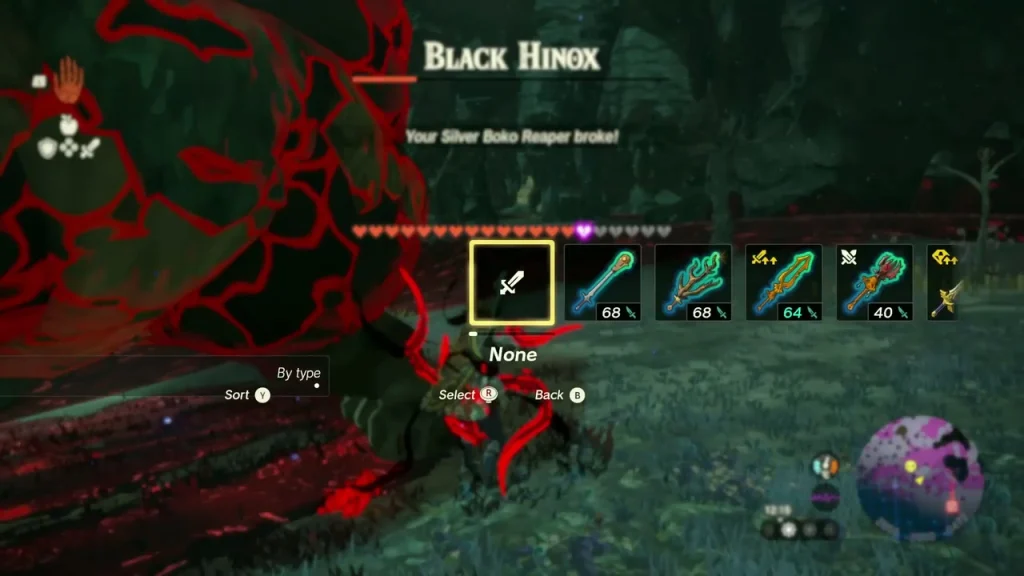 Black Hinox towering over the weapon menu mid-fight Black Hinox towering over the weapon menu mid-fight