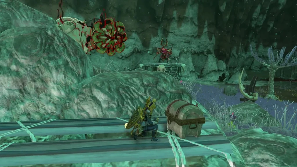 Chest on a plank walkway under a rock ceiling in the Depths Chest on a plank walkway under a rock ceiling in the Depths