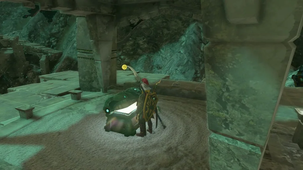 Glowing chest between stone pillars under a ruined arch in the Depths Glowing chest between stone pillars under a ruined arch in the Depths