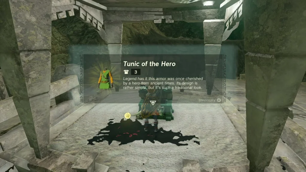 Tunic of the Hero item box over a chest in a stone chamber Tunic of the Hero item box over a chest in a stone chamber