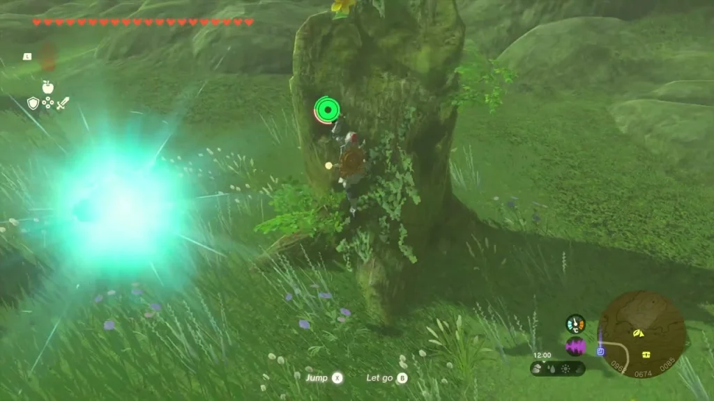 Flower trail ending at a tree trunk with the Korok burst to the left Flower trail ending at a tree trunk with the Korok burst to the left