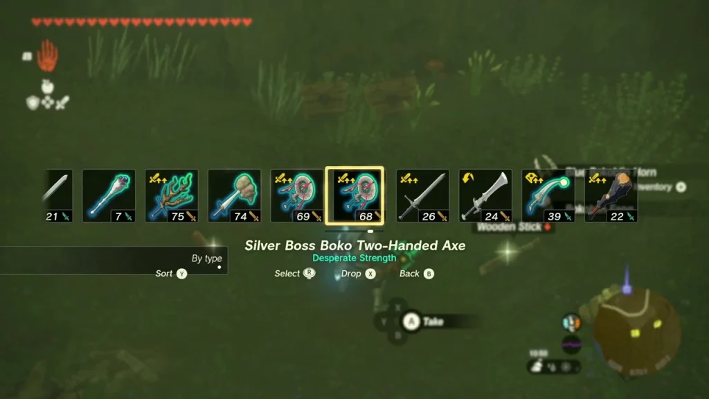 Weapon list with Silver Boss Boko Two-Handed Axe beside a chest drop Weapon list with Silver Boss Boko Two-Handed Axe beside a chest drop