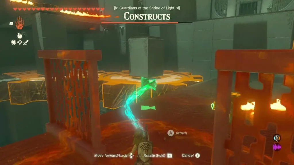 Orange gate attached to a rotating platform over lava Orange gate attached to a rotating platform over lava