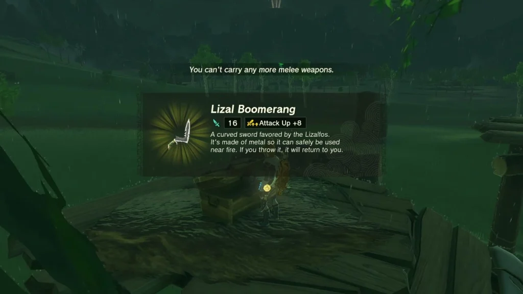 Lizal Boomerang item box over a chest on a wooden marsh platform Lizal Boomerang item box over a chest on a wooden marsh platform
