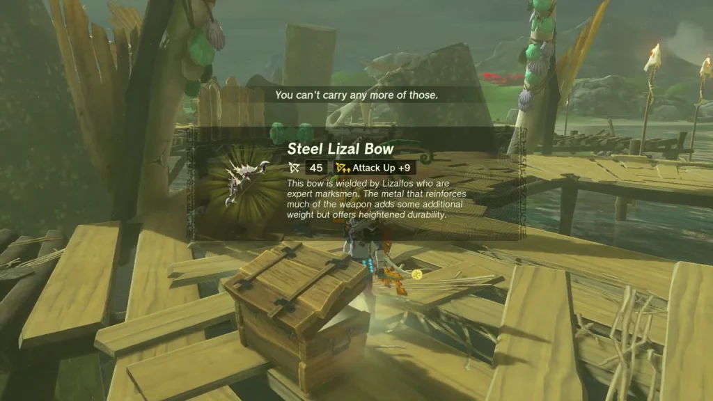 Steel Lizal Bow item box over a chest on a wrecked wooden platform on the water Steel Lizal Bow item box over a chest on a wrecked wooden platform on the water