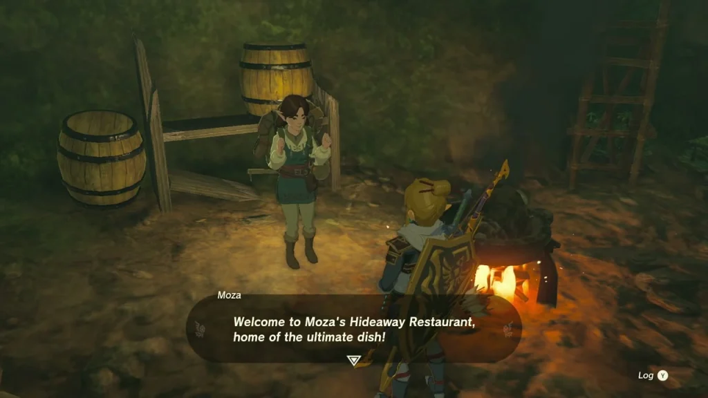 Moza standing in her barrel-lined hideaway restaurant by a cookfire Moza standing in her barrel-lined hideaway restaurant by a cookfire