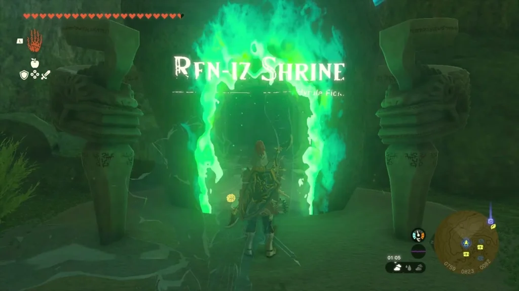 Glowing green doorway of Ren-iz Shrine between two stone pillars Glowing green doorway of Ren-iz Shrine between two stone pillars