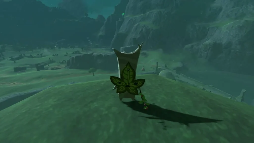 Korok with a leaf mask standing on a grassy hilltop after the boulder is lifted Korok with a leaf mask standing on a grassy hilltop after the boulder is lifted